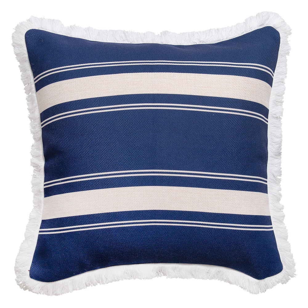 French Stripe Cushion Cover Indigo and White Fringed