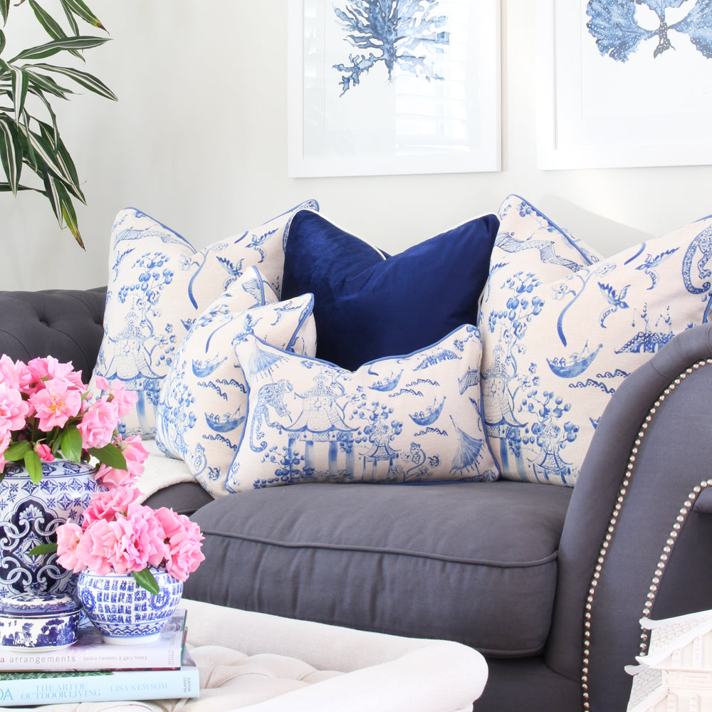 Cheeky Monkey Cushion Cover Blue and White Chinoiserie